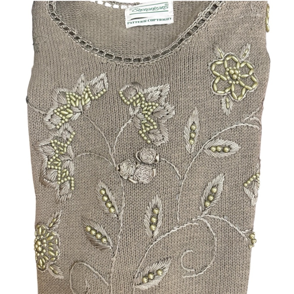 Vintage Shenanigans Embroidered and Beaded Beige Crocheted Sweater L - Picture 3 of 11